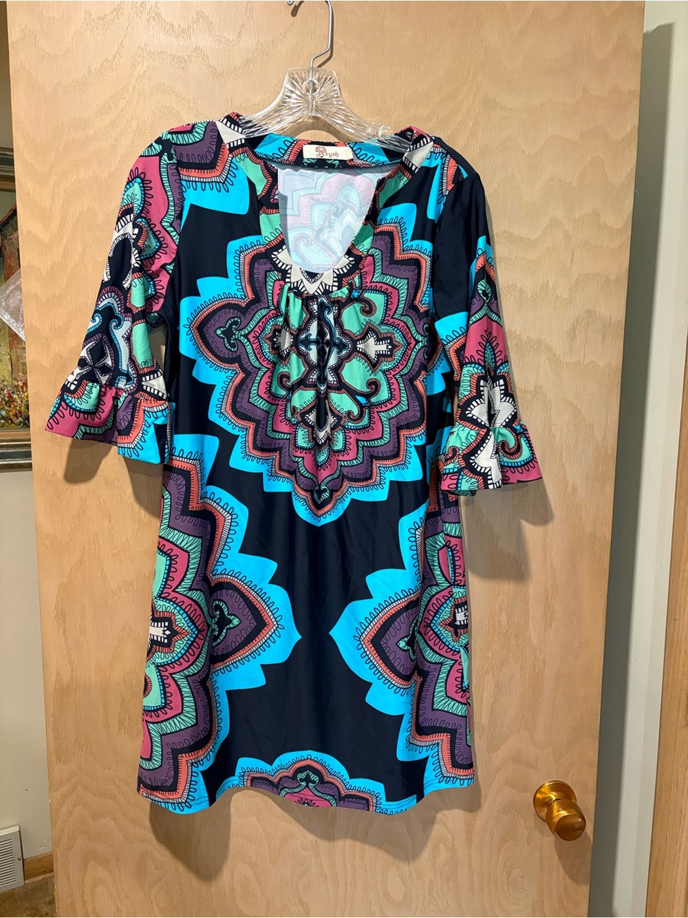 Aryeh Navy Mini Dress with Teal & Pink Medallion Print